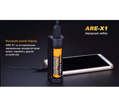Набор для зарядки Fenix (аккумулятор 1*18650, зарядка, USB кабель), ARE-X12016