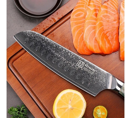 Нож сантоку из дамасской стали Keemake 7 Inch Santoku Knife Green Gem, бежевый