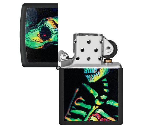 Зажигалка ZIPPO Skeleton Design с покрытием Black Light, латунь/сталь, черная, матовая, 38x13x57 мм