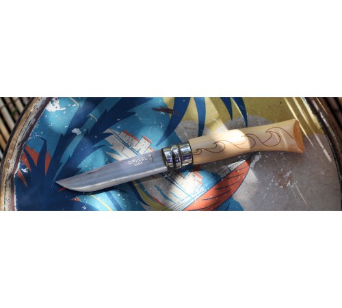Нож Opinel №7 Nature, нержавеющая сталь, рукоять самшит, гравировка волны, 001552