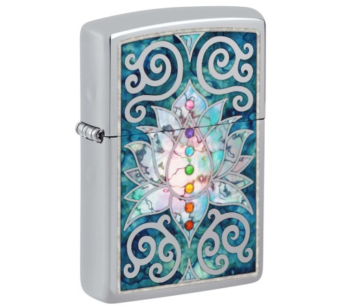 Зажигалка ZIPPO Lotus Flower с покрытием High Polish Chrome, латунь/сталь, серебристая, 38x13x57 мм