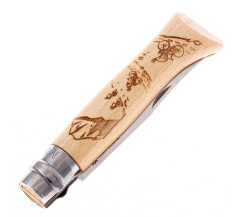 Нож Opinel №8 Alpine adventures, нержавеющая сталь, рукоять дуб, гравировка горный велосипед, 002187