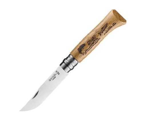 Нож Opinel №8, нержавеющая сталь, рукоять дуб, гравировка рыба, 002334
