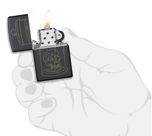 Зажигалка ZIPPO Skull Design с покрытием Black Matte, латунь/сталь, чёрная, матовая, 38x13x57 мм