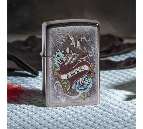 Зажигалка ZIPPO Vintage Tattoo с покрытием Street Chrome™, латунь/сталь, серебристая, 38x13x57 мм