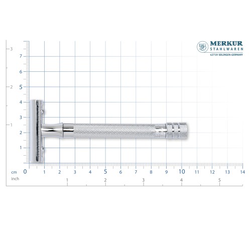 Станок Т-образный для бритья MERKUR 23C, глянцевое хромированное покрытие, прямой срез, закрытый гребень, длинная ручка, лезвие в комплекте (1 шт)