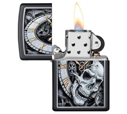 Зажигалка ZIPPO Skull Clock с покрытием Black Matte, латунь/сталь, чёрная, матовая, 38x13x57 мм
