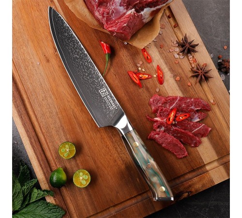 Нож шеф-повара из дамасской стали Keemake 8 Inch Chef Knife Green Gem, бежевый