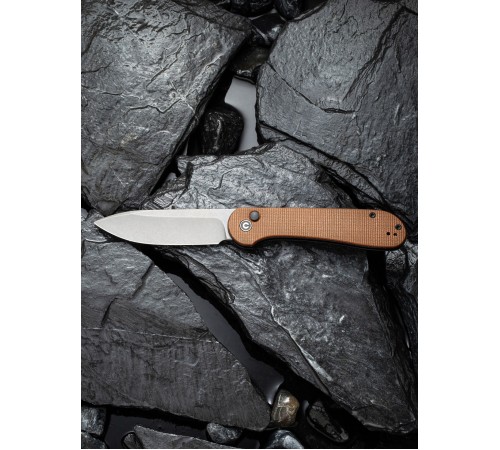 Складной нож CIVIVI Button Lock Elementum 14C28N Steel Gray Stonewashed Handle Brown Micarta