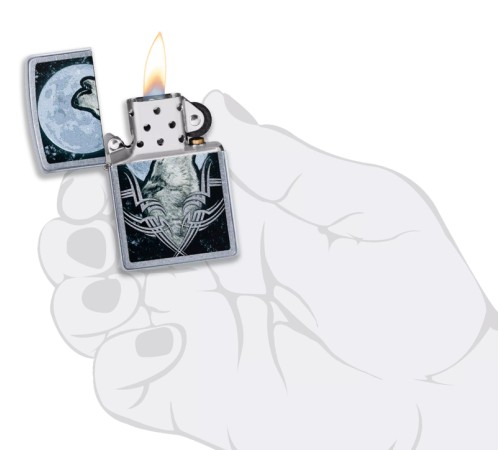 Зажигалка ZIPPO Howling Wolf с покрытием Street Chrome, латунь/сталь, серебристая, 38x13x57 мм