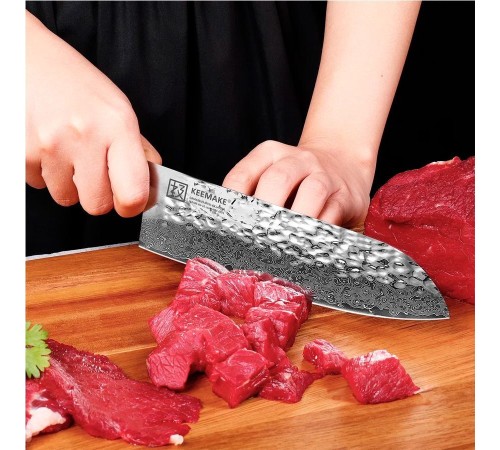 Нож сантоку из дамасской стали Keemake 7 Inch Santoku Knife, синий + бежевый