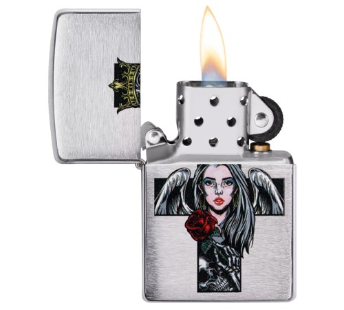 Зажигалка ZIPPO Cross, Queen & Skull с покрытием Brushed Chrome, серебристая, 38x13x57 мм