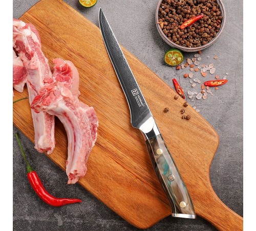 Нож обвалочный из дамасской стали Keemake 6 Inch Boning Knife Green Gem, бежевый