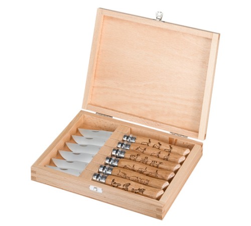 Набор в деревянной коробке из 6 ножей Opinel №8 Animalia, нержавеющая сталь, рукоять дуб, гравировка, 001637