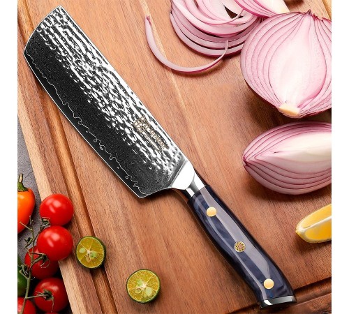 Нож из дамасской стали для овощей Keemake 7 Inch Nakiri Knife, синий