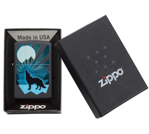 Зажигалка ZIPPO Wolf and Moon с покрытием Black Matte, латунь/сталь, чёрная, матовая, 38x13x57 мм