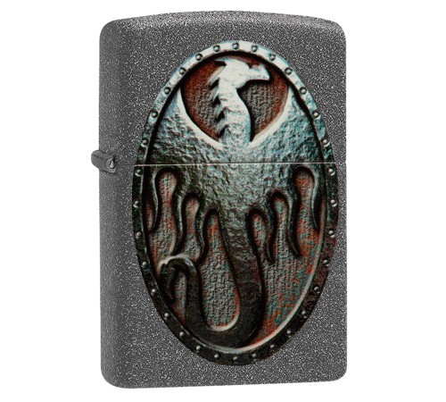 Зажигалка ZIPPO Metal Dragon Shield Design с покрытием Iron Stone™, латунь/сталь, серая, 38x13x57 мм