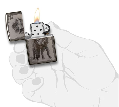 Зажигалка ZIPPO Wolf Design с покрытием Black Ice®, латунь/сталь, чёрная, глянцевая, 38x13x57 мм