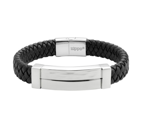 Браслет ZIPPO Steel Bar Braided Leather Bracelet, чёрный, натуральная кожа/нержавеющая сталь, 22 см