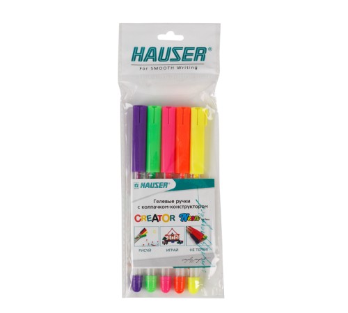 Набор: Гелевая ручка Hauser Creator Neon, чернила неоновых цветов - 5шт, пакет