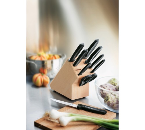 Набор из 9 столовых приборов VICTORINOX: 6 ножей, вилка д/мяса, ножницы, мусат, в буковой подставке