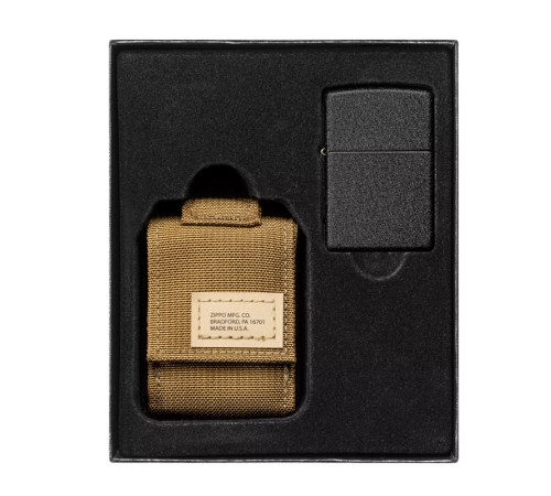 Набор ZIPPO: чёрная зажигалка Black Crackle® и коричневый нейлоновый чехол, в подарочной коробке