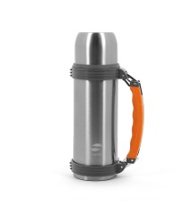 Термос Stinger, 1 л, широкий с ручкой, сталь, серебристый, оранжевые вставки
