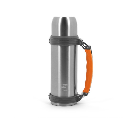 Термос Stinger, 1 л, широкий с ручкой, сталь, серебристый, оранжевые вставки