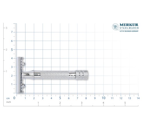 Cтанок Т-образный для бритья MERKUR 15C, глянцевое хромированное покрытие, открытый зубчатый гребень, короткая ручка, лезвие в комплекте (1 шт)