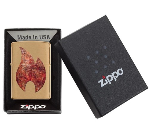 Зажигалка ZIPPO Rusty Flame с покрытием Brushed Brass, латунь/сталь, золотистая, 38x13x57 мм