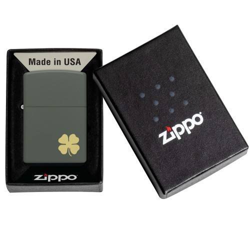 Зажигалка ZIPPO Four Leaf Clover с покрытием Green Matte, латунь/сталь, зеленая, 38x13x57 мм