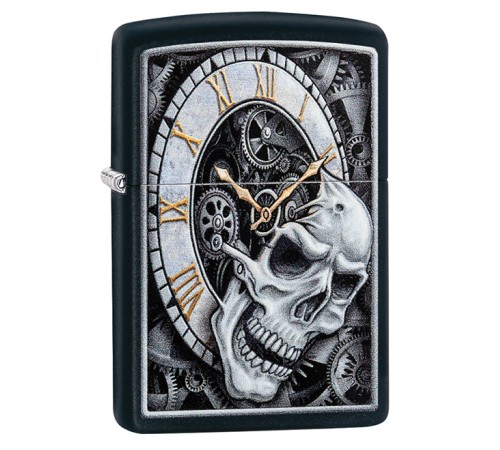 Зажигалка ZIPPO Skull Clock с покрытием Black Matte, латунь/сталь, чёрная, матовая, 38x13x57 мм