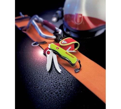 Нож перочинный VICTORINOX Rescue Tool, 111 мм, 14 функций, серейторное лезвие с петлёй, жёлтый