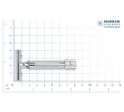 Cтанок Т-образный для бритья MERKUR 34C, глянцевое хромированное покрытие, прямой срез, закрытый гребень, короткая ручка, лезвие в комплекте (1 шт)