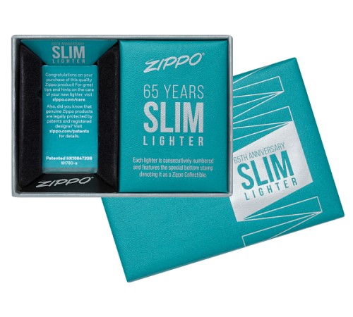 Зажигалка 65th Anniversary Zippo Slim® с покрытием Black Ice®, латунь/сталь, чёрная, 29x10x60 мм