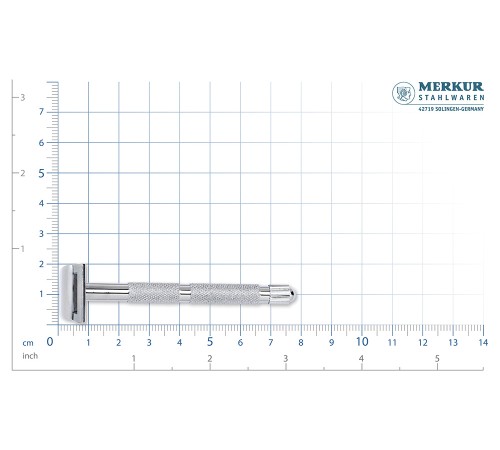 Станок контурный для бритья MERKUR 907C, глянцевое хромированное покрытие, прямой срез, короткая ручка, лезвие в комплекте (1 шт)