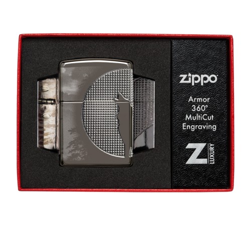 Зажигалка ZIPPO Armor™ Wolf  с покрытием High Polish Black Ice®, латунь/сталь, чёрная, 38x13x57 мм
