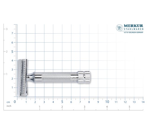 Станок Т-образный для бритья MERKUR 37С, глянцевое хромированное покрытие, косой срез, закрытый гребень, короткая ручка, лезвие в комплекте (1 шт)