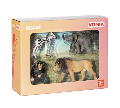 Фигурка KONIK набор диких животных: лев, шимпанзе, слоненок, зебра