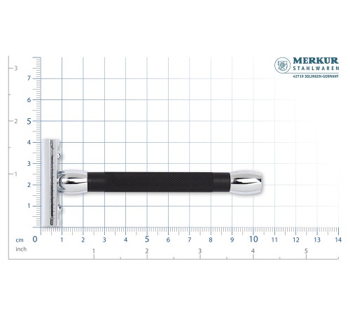 Cтанок Т-образный для бритья MERKUR 20C, глянцевое хромированное покрытие, анодированный алюминий в черном цвете, лезвие в комплекте (1 шт)