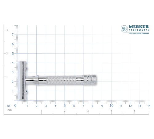 Станок Т-образный для бритья MERKUR 33C, глянцевое хромированное покрытие, прямой срез, закрытый гребень, короткая ручка, лезвие в комплекте (1 шт)