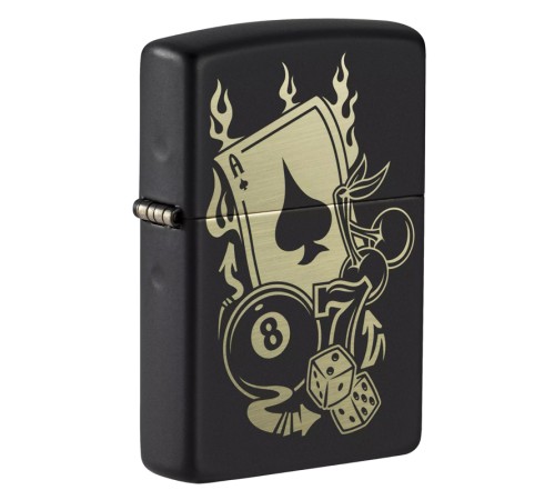Зажигалка ZIPPO Gambling Design с покрытием Black Matte, латунь/сталь, чёрная, матовая, 38x13x57 мм