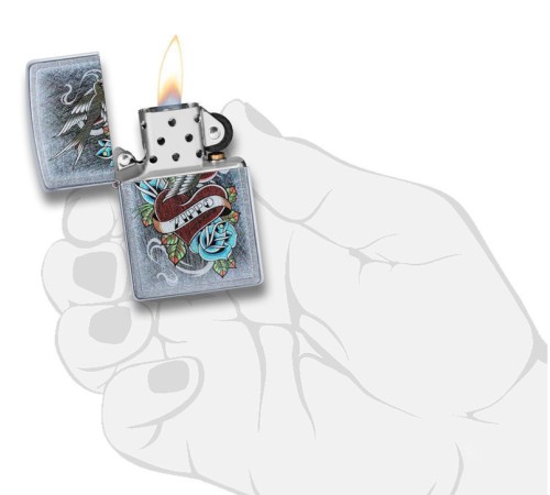 Зажигалка ZIPPO Vintage Tattoo с покрытием Street Chrome™, латунь/сталь, серебристая, 38x13x57 мм
