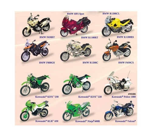 Мотоцикл Motormax 1:18 BMW и Kawasaki  в ассортименте 76201 в/к