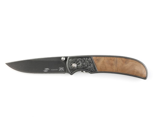 Нож складной Stinger, 71 мм (чёрный), рукоять: сталь+дерево (коричневый), картонная коробка