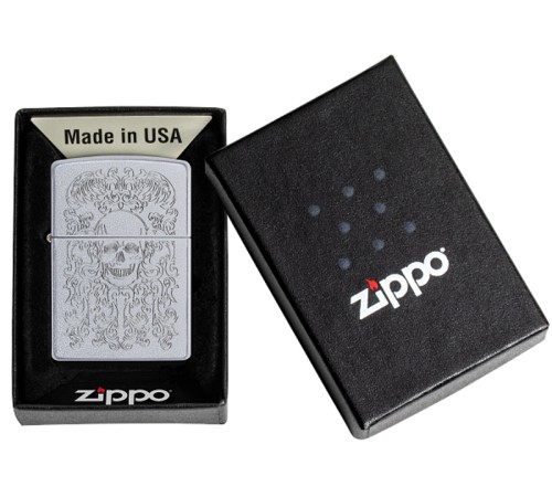Зажигалка ZIPPO Skull Design с покрытием Satin Chrome, латунь/сталь, серебристая, 38x13x57 мм