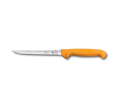Нож для филеровки рыбы VICTORINOX Swibo, узкое гибкое лезвие 16 см с рыбочисткой, жёлтый