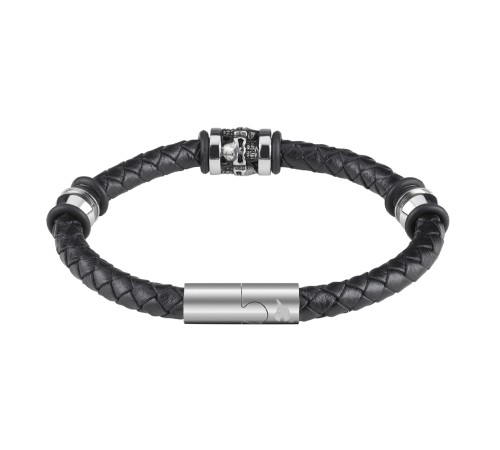 Браслет ZIPPO Three Charms Leather Bracelet, с шармами, чёрный, кожа/нержавеющая сталь, 22 см