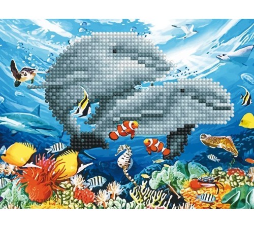 Алмазная мозаика 15х20 ДЕЛЬФИНЫ В МОРЕ (7 цветов)