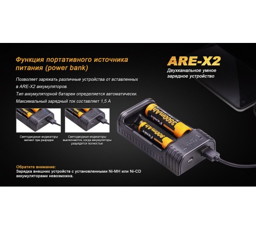 Зарядное устройство Fenix ARE-X2 (10440, 14500, 16340, 18650, 26650)
